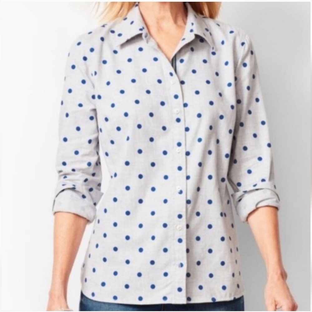 Talbots White and Blue Polka Dot Button Down Shirt Size Small